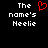 Pixelated text reads 'The name's Neelie' with a red heart symbol replacing the letter O in 'name's', displayed on black background.