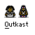 Animated contact sheet of 14 frames showing a pixel art icon with Outkast-themed elements including character figures, text variations, and an American flag background.