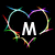 Three heart-shaped icons with colorful, glowing outlines and central white letters M, &, and R on black backgrounds.