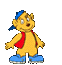 Yellow cartoon bear with blue cap and red scarf on blue ice skates, shown in multiple walking and running poses against gray background.