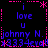 Pixel art displays 'i love u' text with 'johnny N.' and '*3334eva!' in blue/pink on black, framed by asterisks and dotted lines.