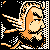 Pixelated static icon of a stylized figure with flowing orange hair against black background, framed by white and black checkered border.