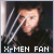 Pixelated image of a person with dark hair and a dark shirt, overlaid with diagonal white lines, and text reading 'X-MEN FAN' at the bottom.