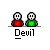 Pixel art animation of two figures: red devil with horns and green figure, showing sequential actions from standing to one falling while text 'Devil' appears below.