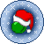 Four identical circular pixel art icons with light blue borders, white snowflakes, and central red Santa hats over green baubles.