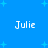 Blue background with light blue plus signs and four instances of the text 'Julie' in white pixelated font.
