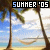 Animated beach scene with palm trees, hammock, and sky where text 'SUMMER '05' changes color across frames.
