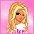 Pixel art contact sheet showing a blonde female character in pink and white clothing with text panels, arranged in 3x2 grid on pink background.