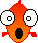Pixelated orange fish with large white eyes and red fins, showing two expressions: one with a black oval mouth open in surprise and another with a flat horizontal mouth.
