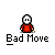 A 5x5 contact sheet of a pixel art animation featuring a white stick figure in red clothing performing sequential actions leading to an explosion, with "Bad Move" text below each frame on a gray background.