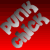 Pixelated character with long brown hair and blue eyes in black beanie, red shirt, black jacket; background is solid red with repeated 'PUNK CLICK' text.
