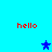 Red 'hello' text appears four times on a cyan background with blue star icons positioned between them.
