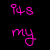 Pixelated pink text and symbols on split black, bright pink, and gray backgrounds with no visible motion.