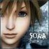 Static close-up of a stylized anime character with light brown hair and blue eyes, wearing a dark outfit with silver accents, next to visible text "SORA" on the right side.