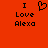 Red background with black pixelated text reading "I Love Alexa" and a heart symbol replacing the word "Love" in one version.