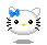 Pixelated white cat face with blue bow, black whiskers, yellow nose, and large black eyes on gray background.