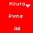 Red background with white pixelated text and animated effects; 'Nilufa' appears with a pink heart, 'Pwns' and 'All' are present in multiple positions.