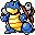 Pixelated blue turtle-like creature with yellow shell and brown straps, shown in nine sequential poses with varying arm positions and red cross on its face.