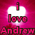 Pixelated icon with pink background, white heart shape, and bold text reading 'i love Andrew' in bright pink letters.