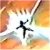 Pixelated figure in black silhouette with arms and legs extended against a bright white background, surrounded by warm orange and yellow gradient tones.