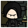 Four pixel-art show chibi characters in various scenes: a figure with black hair and closed eyes, three figures holding plants outdoors, two figures reading indoors, and a figure riding an owl