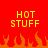 Red background with yellow pixelated text 'HOT STUFF' and orange flame shapes at the bottom.