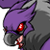 Pixelated cartoon character with purple head, red eyes, and dark gray body holding a bloodied knife against a white background.
