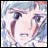 Pixelated anime-style character face with light blue hair and dark eyes, next to stylized text on black background.