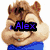 Pixelated cartoon chipmunk with brown fur and blue shirt, eyes closed in a smile, name text overlay.