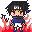 Pixel art character with black spiky hair, blue shirt, white shorts, and red flame effects in a