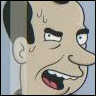 Cartoon character with light skin, dark hair, and a large nose, mouth open showing teeth and tongue, eyes squinting with visible sweat drop.
