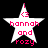 Four white star-shaped icons with pink text reading 'i <3 hannah and rozy' on a black background, each displaying slight pixel variations.