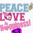 Pixelated text and symbols on white background: 'PEACE' in light blue, 'LOVE' with heart-shaped O in pink, 'Happiness!' in pink script, peace sign icon.