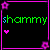 six identical square icons with black backgrounds, pink borders, and purple flower corners displaying "shammy" text in green-blue gradient with a small pink heart below