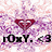 A pixelated image with a purple and pink floral background, featuring three identical red diamond-shaped icons with white symbols inside, each followed by the text 'rOxY. <3' in black.
