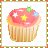 A 48x48 pixel animated contact sheet of six cupcake icons with red frosting, yellow stars, white stars, and blue stars on top, arranged in a 3x2 grid with colored borders.