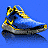 Five pixelated sneakers displayed in a on blue background, each with distinct color schemes and yellow accents