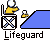 Animated sequence of a yellow cartoon lifeguard sitting on a blue beach chair, performing various actions including looking around and interacting with small objects.