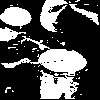Black-and-white animated sequence showing a figure playing drums with drumsticks, repeated in -like