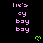 Pixelated text 'he's ay bay bay' repeated in with green heart symbols on a black background, animated to shift positions