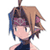 Pixelated anime-style character icon with brown hair, pink headband, and dark sleeveless top against white background.