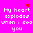 A bright pink background displays repeated white text 'My heart explodes when i see you' with red pixelated hearts and starbursts above the top-left and top-right text blocks.
