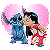 Pixelated image of two cartoon characters kissing under a pink heart-shaped background, one in blue clothing, the other in red with white accents.