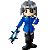 Pixelated character in blue jacket with yellow trim and black pants, gray hair, holding a star-shaped object across multiple poses.