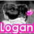 A grayscale cartoon dog with a pink flower on its head appears in three , each with a different colored 'Logan' text overlay