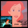Animated sequence of a red-haired cartoon character with a small inset showing the character in various poses against a blue water background, with text below the inset.