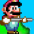 Pixelated character in blue overalls and red cap holds a long silver gun against blue sky and green ground background.