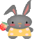 Pixel art bunny icon with two animation frames showing different props held in each frame against a gray background.