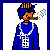 Pixelated cartoon character in blue outfit with crown smoking cigar, holding gun, surrounded by text elements and partial letters on white background.