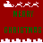 Red background with pixelated Santa sleighs and reindeer above green text reading 'MERRY CHRISTMAS' in two , separated by white cityscape-like borders